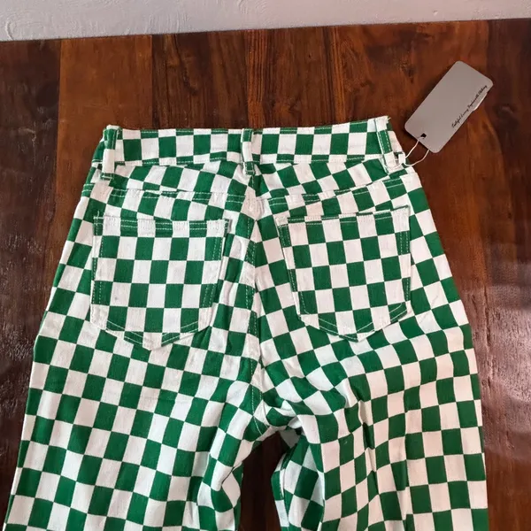 Fashion Green White Checkered Flare Jeans High Waisted Wide Leg Size 2 NEW - Image 11