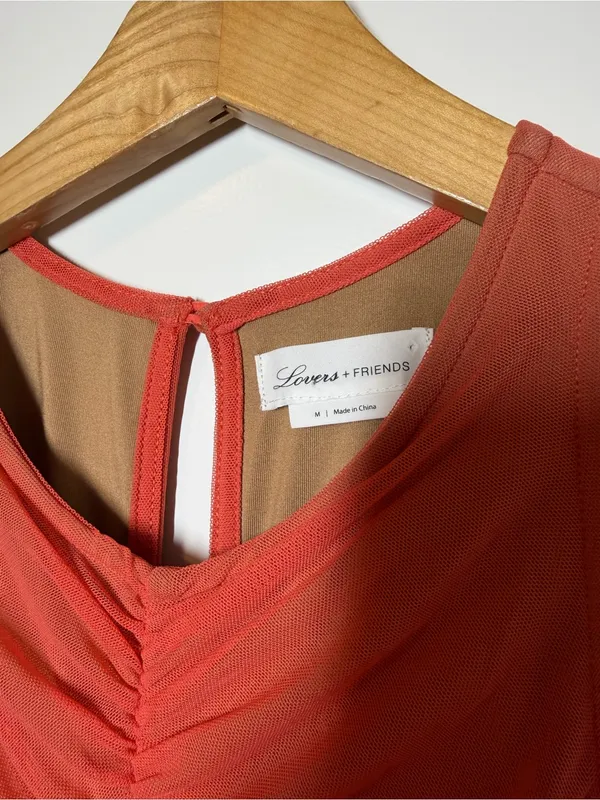 Lovers + Friends Ruched Sleeveless Midi Dress in Coral Red - Image 3