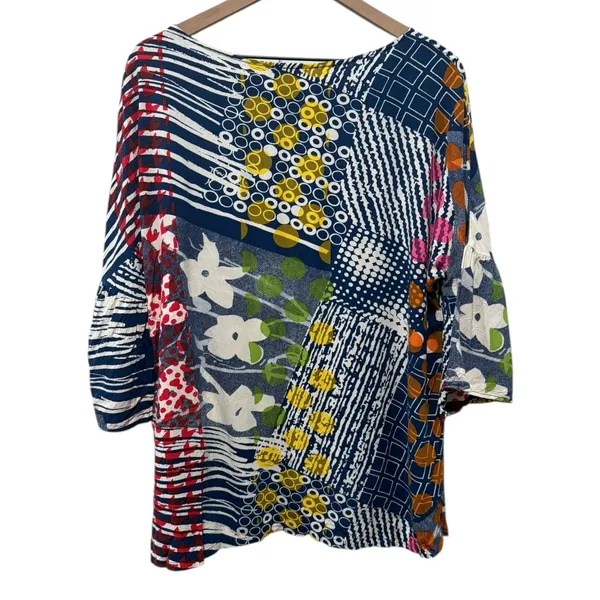 Jams World Top Women Sz L Patchwork Floral Abstract Colorful Artsy Hawaii USA‎ - Image 2