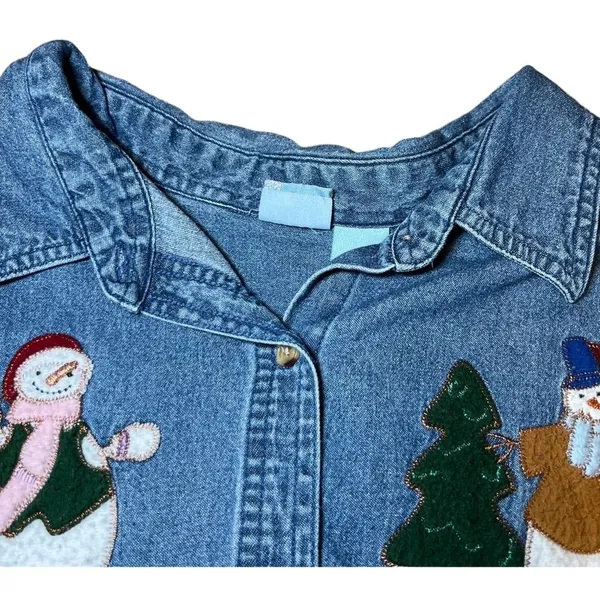 Vintage Christmas Denim Button Up Shirt Womens 2X Blue Holiday Embroidered Snow - Image 4