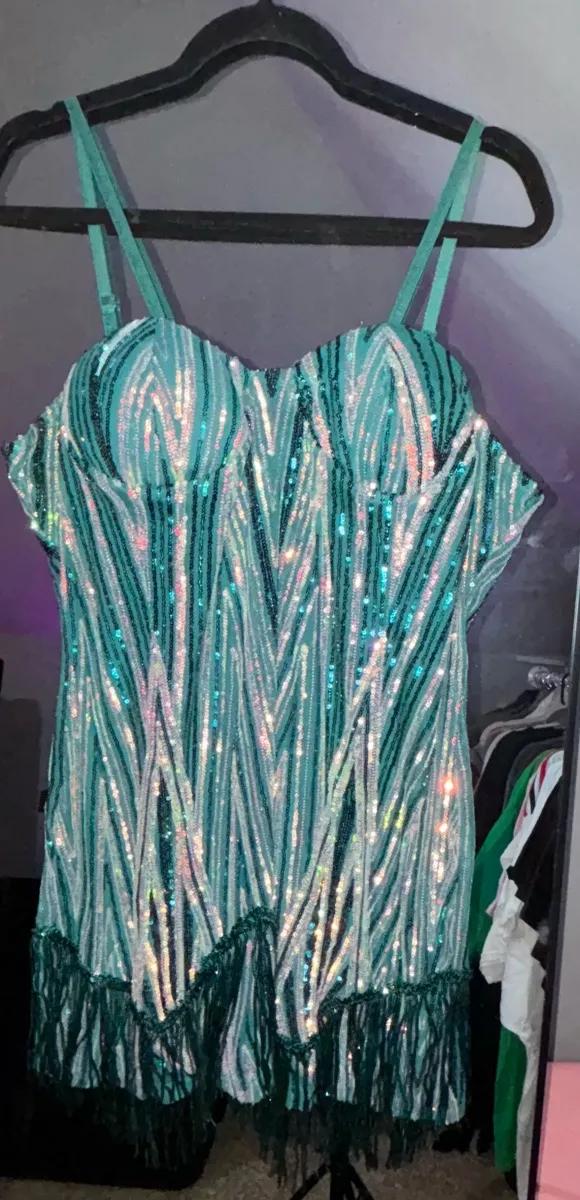 Sequin pattern irregular fringed hem cocktail party dres Green Size 2X - Image 5