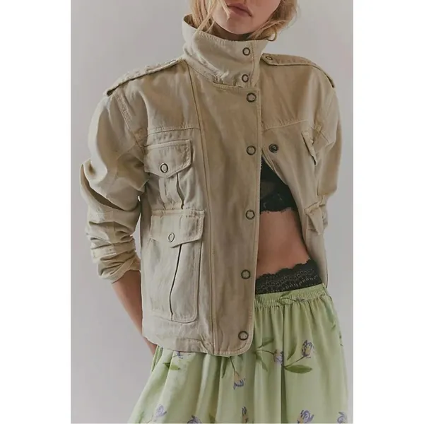Free People Bohemian Kali Washed Utility Military Canvas Jacket Neutral Medium - Image 8