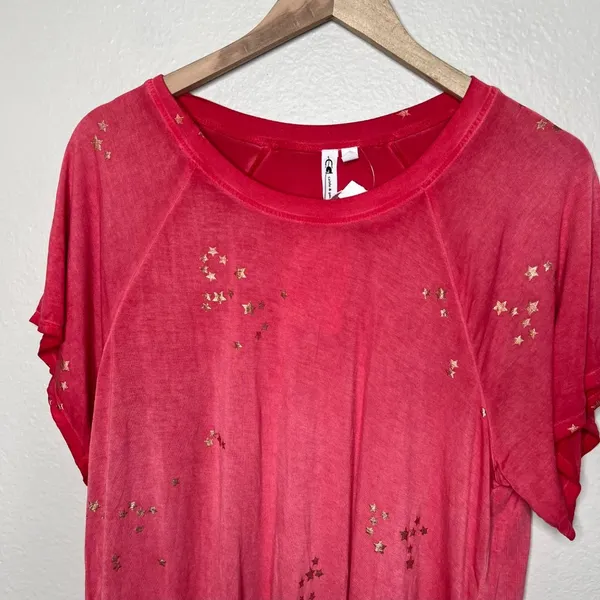 Cable & Gauge Womens Red Metallic Gold Star Print Festive T-Shirt Size Large - Image 2