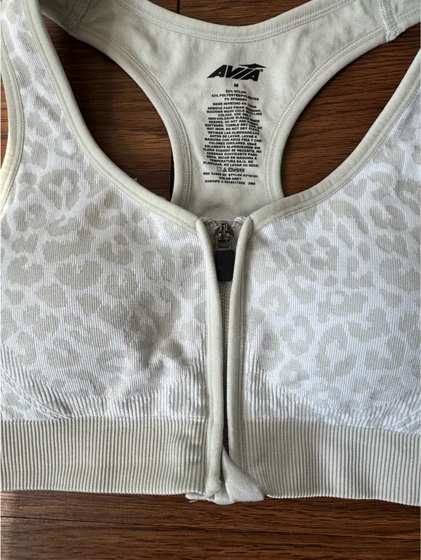 Avia Sports Bra Womens M Gray Leopard Front Zip Racerback Seamless - Image 2