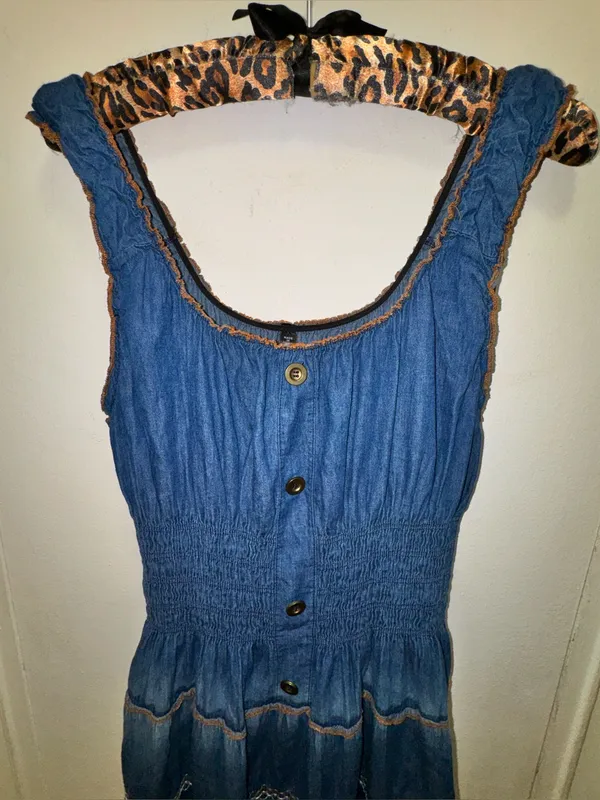 Lapis Blue Tiered Denim-Style Maxi Prairie Milkmaid Vintage Dress Large - Image 4