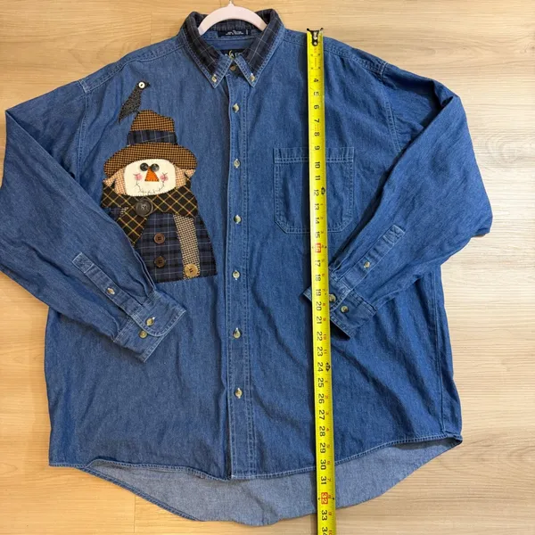 Luna Pier Button Up Denim XL Blue Scarecrow Patchwork Blue Shirt Novelty Fall - Image 12