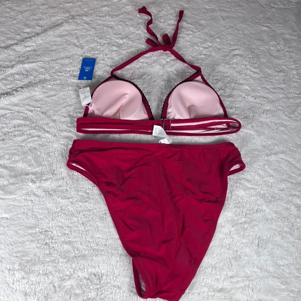 Cupshe Red High Waisted Bikini Set Whipstitch Halter Triangle Top Size Large NWT - Image 4