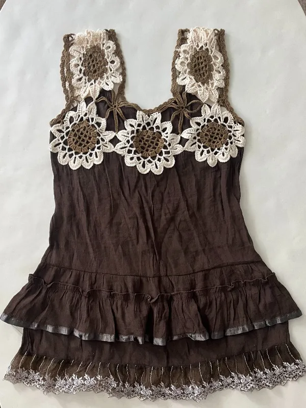 Brown Cottagecore Crochet Lace Trim 90s Vintage Brown Tiered Ruffle Tank Top M - Image 3