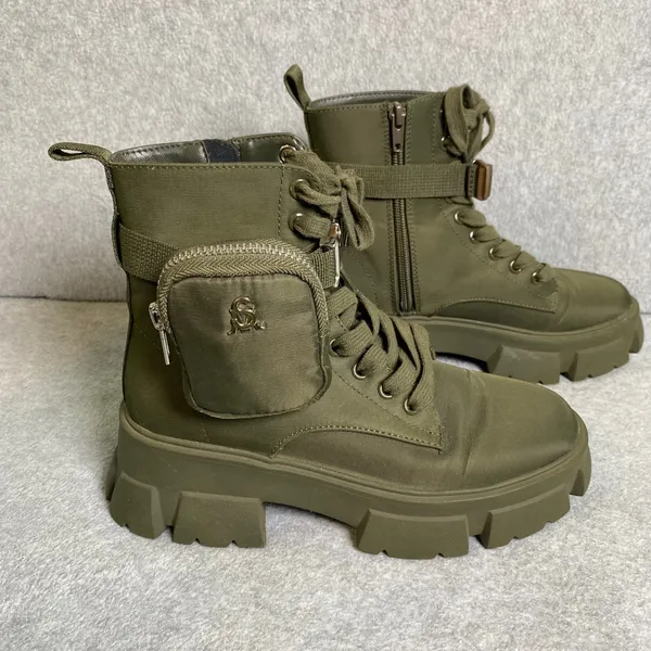 Steve Madden Thora-P Combat Boots Women's Sz 6.5M Olive Green Pouch Lug Sole EUC - Image 2
