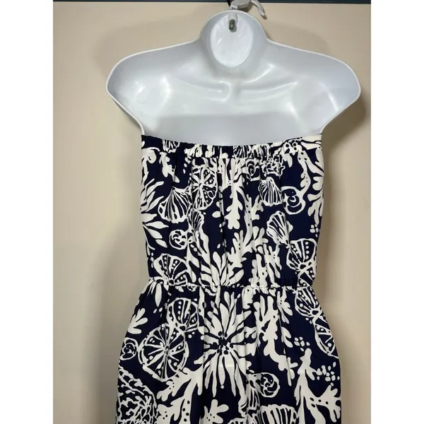 Lilly Pulitzer Maxi Dress Navy Blue Shell Coral Print Strapless Classic Small - Image 5