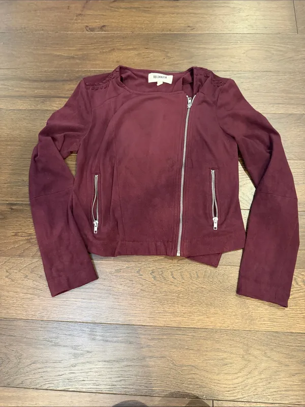 BB Dakota Faux Suede Moto Jacket Burgundy Wine Braided Size Small - C61-122 - Image 2