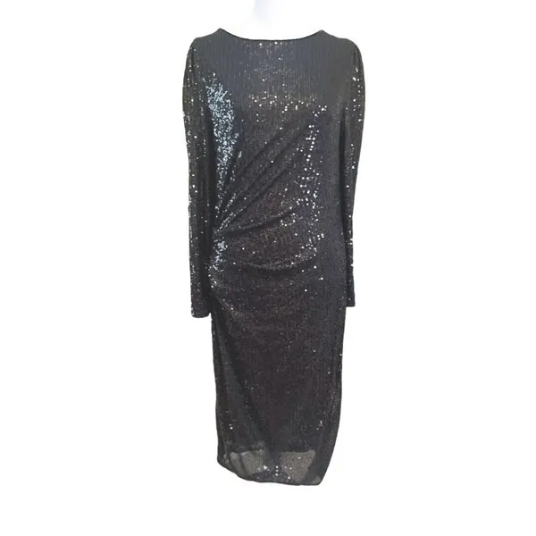 Nanette‎ Lepore Sequin Dress Womens 8 Black NEW Long Sleeve Ruched Midi Sheath - Image 2