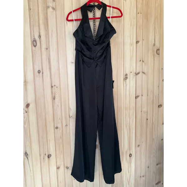 NWT Lulus Sensationally Sophisticated Black Satin Halter Vest Jumpsuit Party M - Image 2