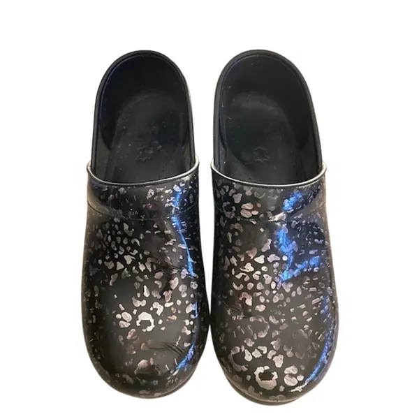 Dansko Black Silver Leopard Patent Leather Clogs Women's EU 38 US 7.5 Comfort - Image 2