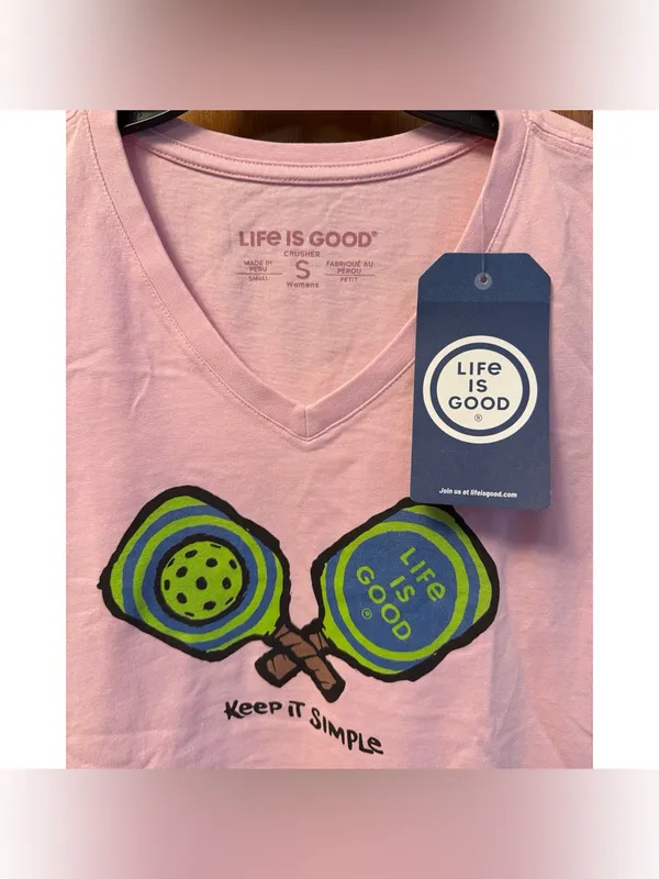 Life Is Good Pink V‑Neck Tee with Pickleball Graphic - Image 3