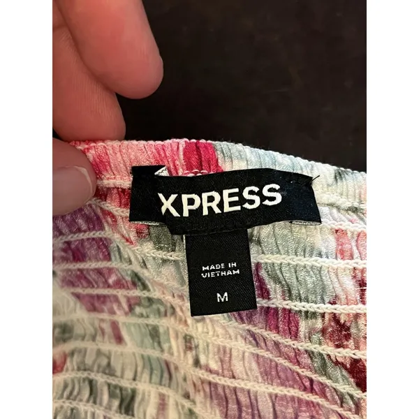 Express Blouse Womens Medium Pink Purple Floral Smocked Puff Sleeve Cropped Top - Image 7
