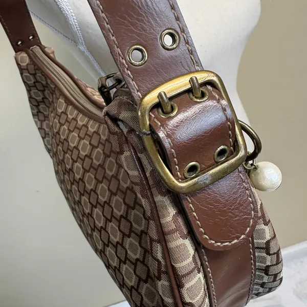 Vintage Nine West Y2K Brown Cream Geometric Lattice Pattern Shoulder Bag - Image 7