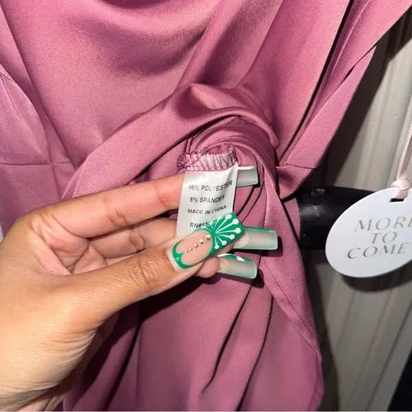More to Come Adonia Pink Satin Wrap Midi Dress With Cowl Neckline And Tulip Hem - Image 8