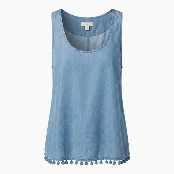 TGLA Chambrey denim tank top flowy, cropped silhouette pom-pom trim along the he - Image 2