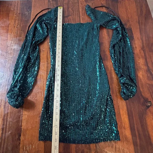Lucy In The Sky‎ Emerald Green Sequin Balloon Sleeve Mini Dress Small Tie Back - Image 2