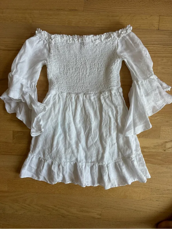 Dance & Marvel White Off-Shoulder Smocked Tunic with Ruffle Sleeves - Image 5