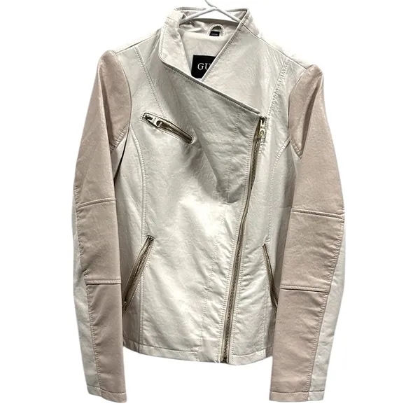 Guess Pink White Faux Leather Moto Jacket Gold Exposed Zipper Womens Small - Image 10