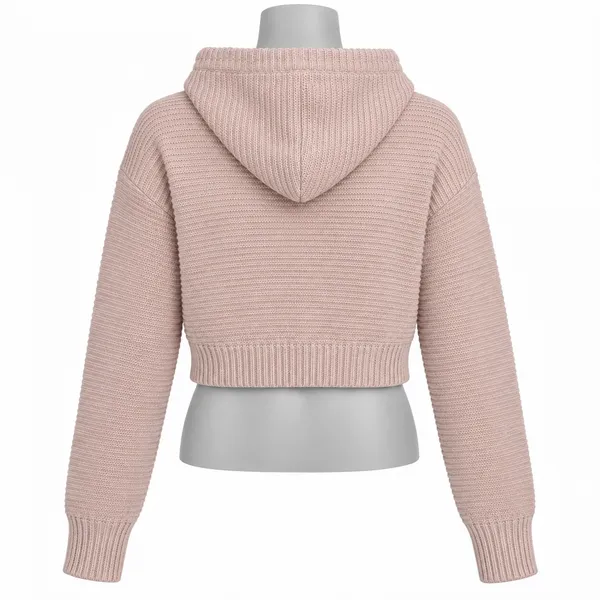 American Eagle Women L Pink Cropped Knit Hoodie Sweater Ribbed Long Sleeve - Image 2