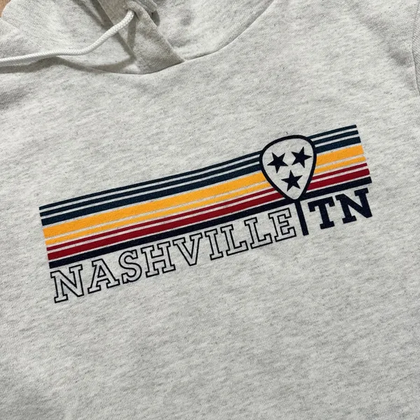 League | Women's Gray Nashville TN Cropped Striped‎ Graphic Hoodie Sweatshirt, M - Image 3