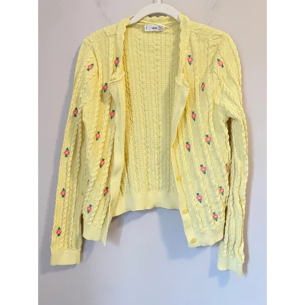 MANGO Flowers Knit Cardigan in yellow with tiny embroidered pink flowers sz. XL - Image 2