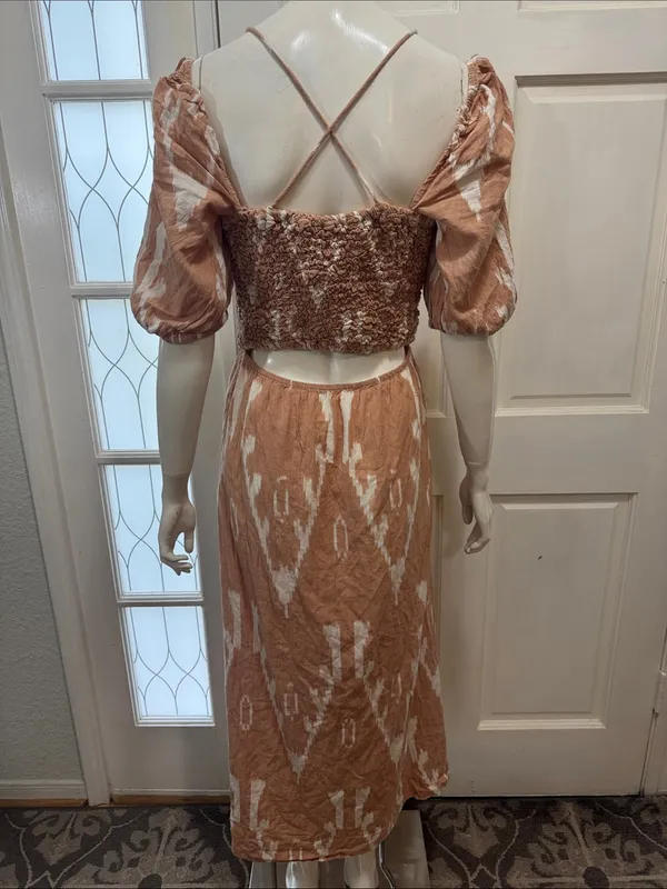 Mirth 100%cotton Rust Tie-Dye Midi Dress with Puff Sleeves size medium - Image 9