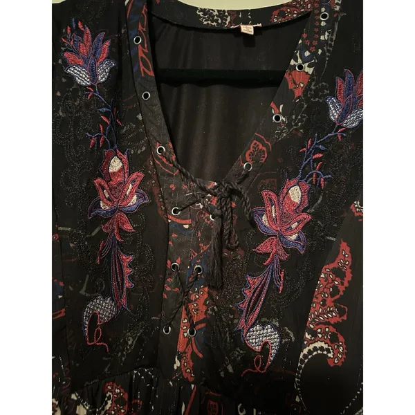 REBA | Black Paisley Print Midi Dress Sheer Sleeves Metallic Detail | Size L - Image 3
