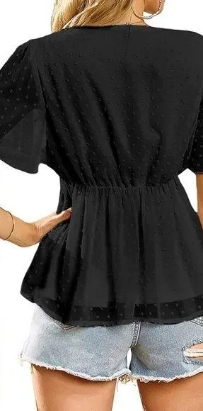 LAYNER Deep V Neck Ruffle Polka Dot Top Pom Pom Peplum Shirt Blouse size large - Image 2