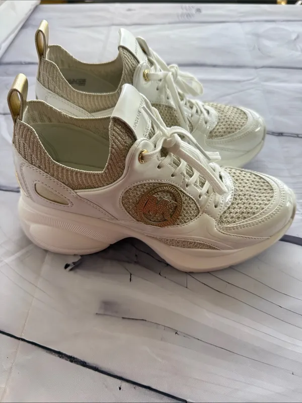 Michael Kors Zuma Knit Trainer Sneakers in the Pale Gold/Cream Color-way - Image 11