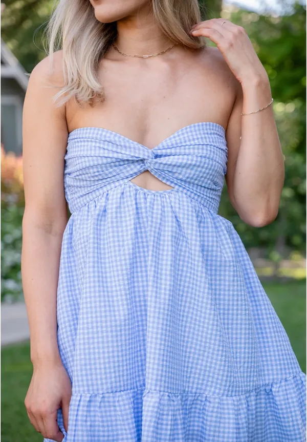 Blue and White Strapless Open Back Dress Size L - Image 3