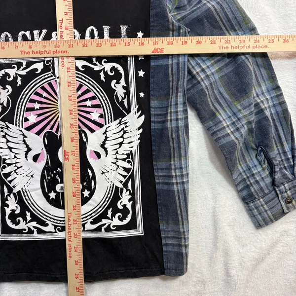 Panache Apparel S Flannel Shirt Rock‎ & Roll Graphic Guitar Patch Plaid Western - Image 9