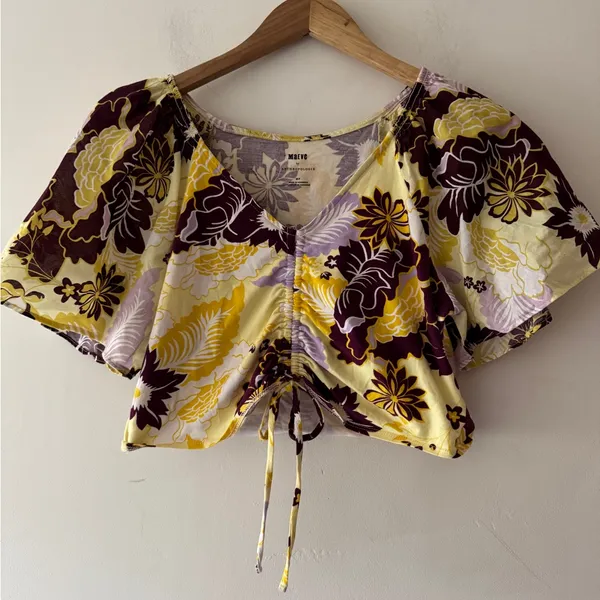 Anthropologie Maeve Cinched Yellow Floral Flutter Sleeve Tie Top‎ Blouse - Image 2