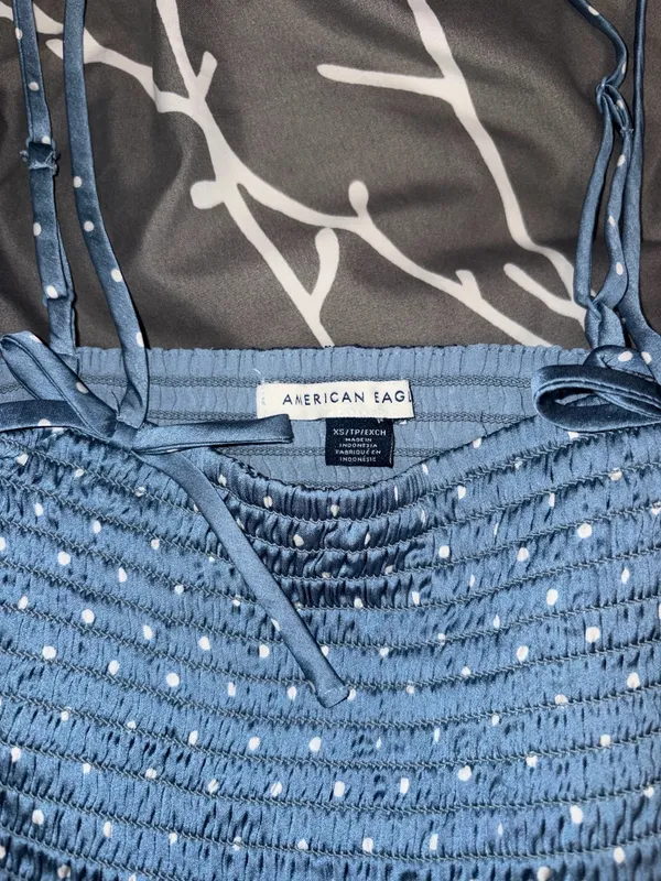 American Eagle Womens Top XS Blue White Polka Dot Ruffled Babydoll - Image 2