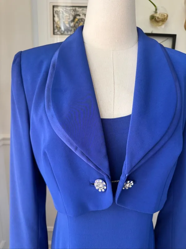 Vintage 90s Black Tie Oleg Cassini Cobalt Blue 2pc Column Gown Dress Bolero Jack - Image 4
