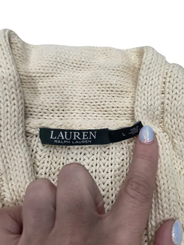 Lauren Ralph Lauren Cable Knit V-Neck Sweater With Red Embroidered Hearts Size L - Image 4