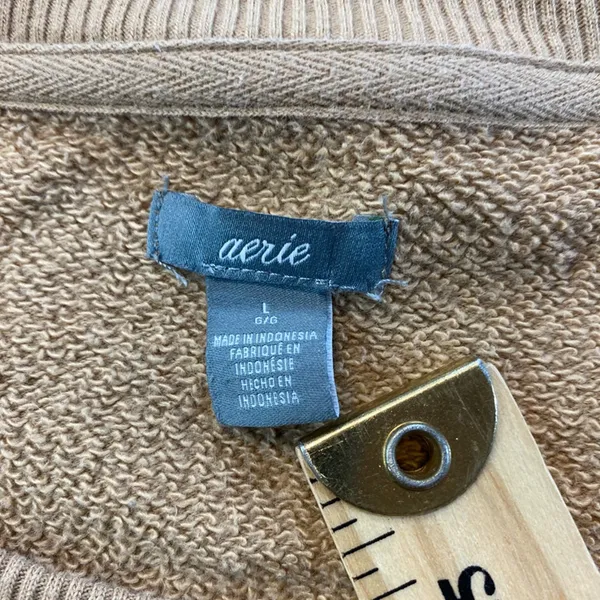Aerie Oversized Beige Distressed Cropped Crewneck Sweater Large Stretch - Image 6