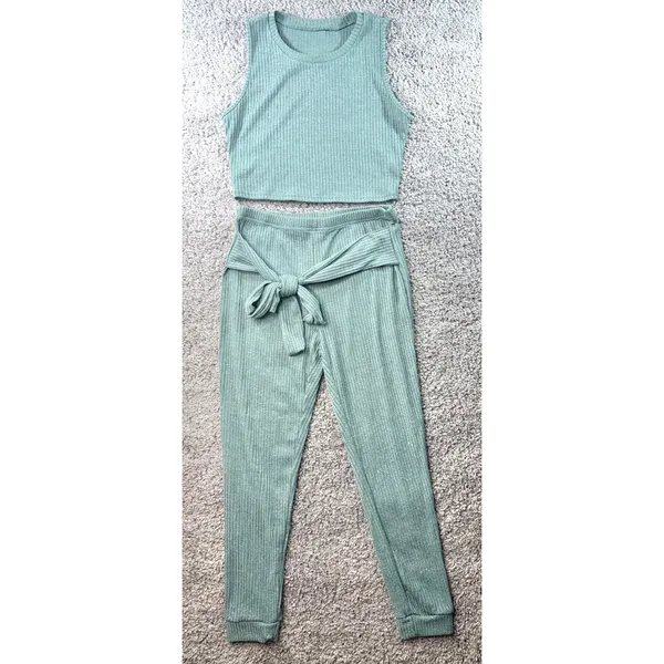 Sage Green Ribbed Knit 2 Piece Set Crop Top and Tie Waist Joggers XL - Image 3