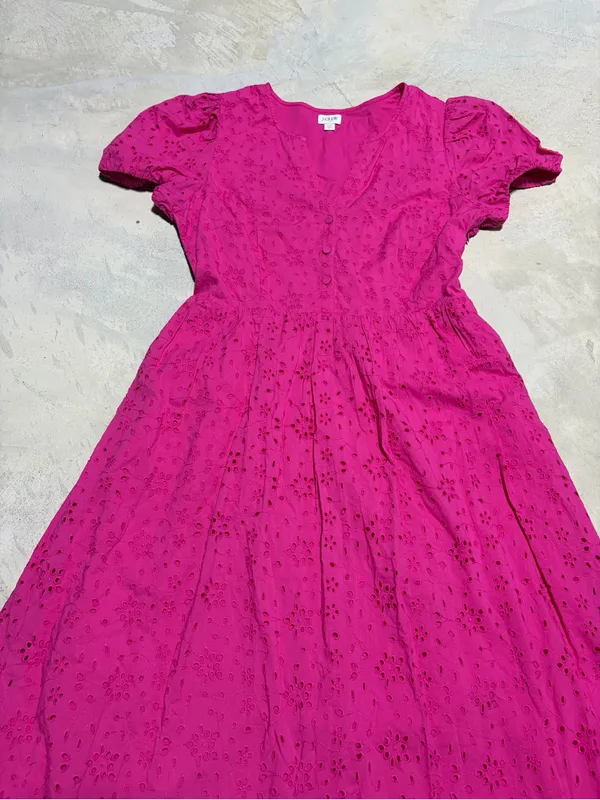 J. Crew women’s Fuchsia pink Eyelet Dress with Puff Sleeves 10 - Image 3