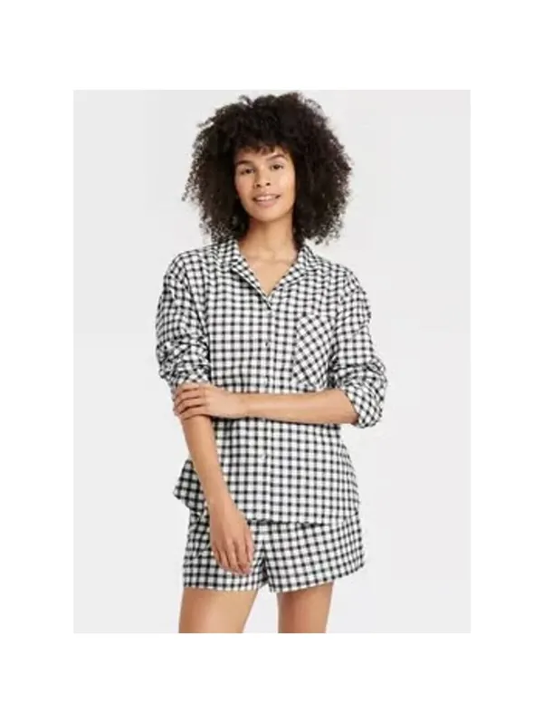 Auden NWT Women's Flannel Black White Checkered Top Shorts Pajama Set Size L - Image 4