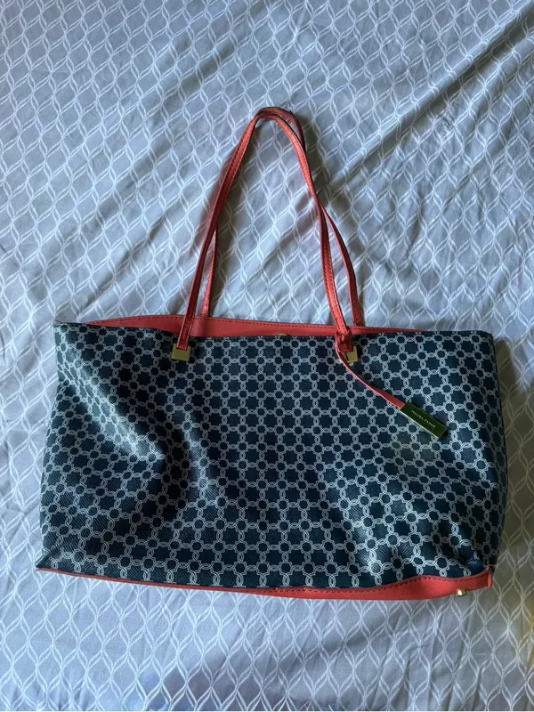 Stylish Navy Patterned Tote with coral Trim Blue - Image 4