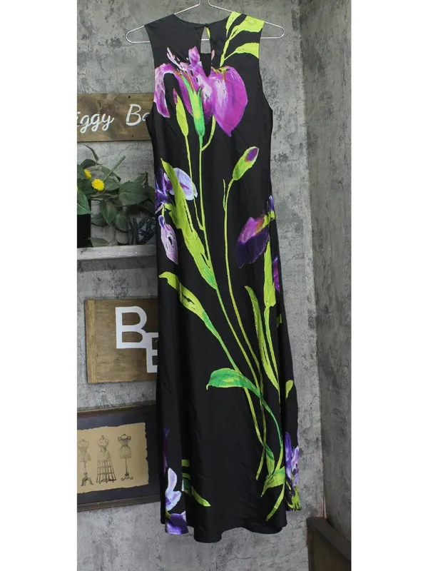 NWT Aqua Floral Satin Midi Dress STD14890BL black Multi M - Image 3