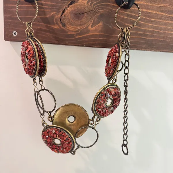 Vintage Red Stone Medallion Chain Belt Antique Brass Boho Statement Accessory - Image 11