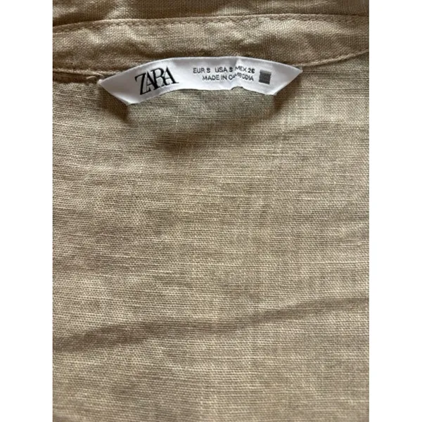 ZARA Linen Blouse Flared Bell Sleeves Button Up V Neck Beige Womens Small - Image 5