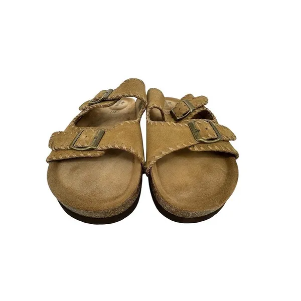 Greystone Ewan Slide Sandals Women 9.5 Brown Suede Whipstitch Buckle Boho Casual - Image 3