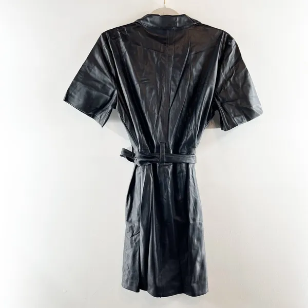 J. Crew Button Up Short Sleeve Faux Leather Mini Dress Black Medium - Image 4