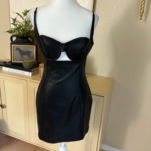 H:OURS Doyle Mini Dress Black Faux Leather Size Small‎ - Image 3